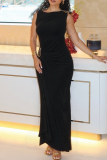 Black Elegant Solid Color Metal Accessories Trim O Neck Long Dresses