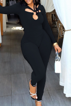 Black Sexy Solid Color Hollow Out O Neck Skinny Jumpsuits