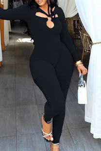 Black Sexy Solid Color Hollow Out O Neck Skinny Jumpsuits