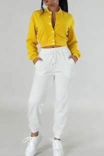 Yellow Casual Solid Color Buckle Contrast O Neck Long Sleeve Two Pieces