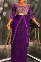 Purple Elegant Solid Color Hot Drill V Neck Long Plus Size Dresses