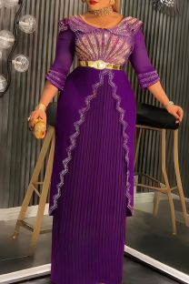 Purple Elegant Solid Color Hot Drill V Neck Long Plus Size Dresses