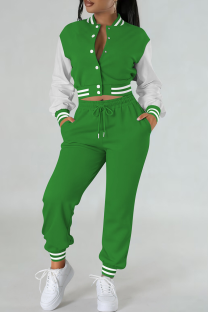 Green Casual Solid Color Buckle Contrast O Neck Long Sleeve Two Pieces