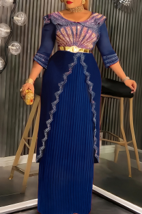 Deep Blue Elegant Solid Color Hot Drill V Neck Long Plus Size Dresses