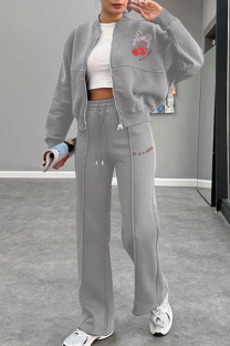 Light Gray Casual Print Zipper Zipper Collar Long Sleeve Two Pieces