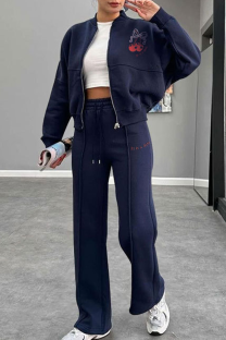 Dark Blue Casual Print Zipper Zipper Collar Long Sleeve Two Pieces