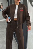 Coffee Casual Print Zipper Zipper Collar Long Sleeve Two Pieces