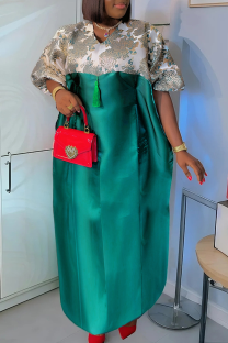 Green Casual Print Contrast V Neck Long Dresses