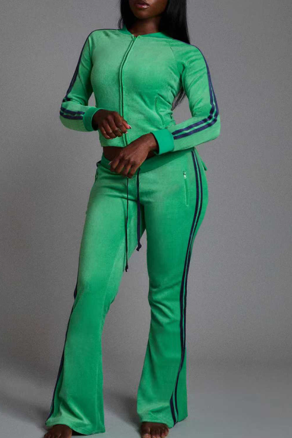Green Casual Stripe Contrast Zipper Collar Long Sleeve Two Pieces