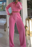 Pink Casual Stripe Contrast Turndown Collar Long Sleeve Two Pieces