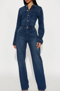 Deep Blue Casual Solid Color Buckle Turndown Collar Long Sleeve Regular Denim Jumpsuits