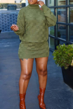 Army Green Casual Plaid Patchwork Turtleneck Long Sleeve Two Pieces