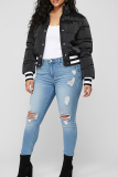 Black Casual Stripe Contrast Mandarin Collar Outerwear