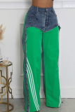 Green Casual Stripe Contrast Loose Denim Jeans