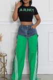 Green Casual Stripe Contrast Loose Denim Jeans