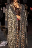 Leopard Print Casual Leopard Print Strap Design Turndown Collar Outerwear