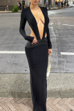 Black Sexy Solid Color Hollow Out Deep V Neck Long Dresses