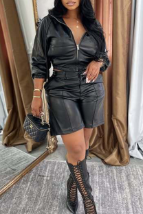 Black Casual Solid Color Zipper Zipper Collar Long Sleeve Two Pieces