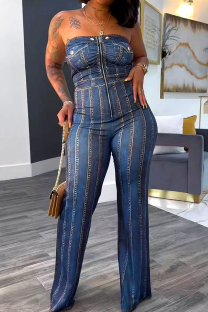 Dark Blue Daily Faux Denim Print Zipper Strapless Straight Jumpsuits