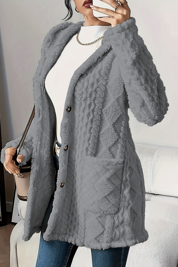 Grey Casual Solid Color Pocket Cardigan Collar Outerwear