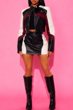 Black Casual Contrast Mandarin Collar Long Sleeve Two Pieces