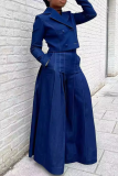 Deep Blue Casual Solid Color Buttons Turn-back Collar Long Sleeve Two Pieces