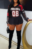 Black Casual Letters Contrast V Neck Tops
