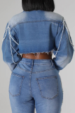 Blue Casual Solid Color Buckle Pearls Decor Turndown Collar Long Sleeve Straight Denim Jacket