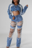 Blue Casual Solid Color Buckle Pearls Decor Turndown Collar Long Sleeve Straight Denim Jacket