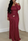 Champagne Elegant Solid Color Ruched Off Shoulder Long Dresses