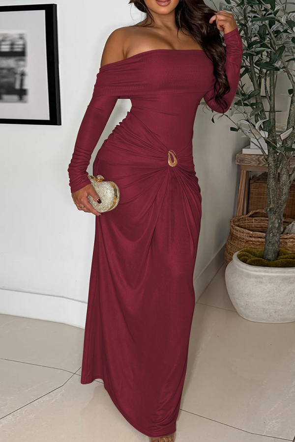 Burgundy Elegant Solid Color Ruched Off Shoulder Long Dresses