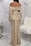 Champagne Elegant Solid Color Ruched Off Shoulder Long Dresses