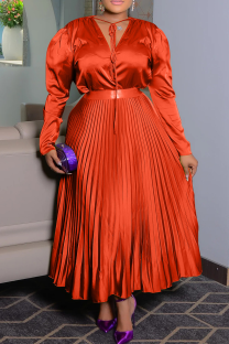 Tangerine Red Elegant Solid Color Pleated V Neck Plus Size Two Pieces