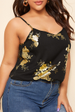 Black Sexy Print Patchwork Spaghetti Strap Plus Size Tops