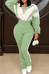 Green Casual Contrast Zipper Collar Plus Size Two Pieces