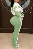 Green Casual Contrast Zipper Collar Plus Size Two Pieces