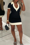Black Elegant Solid Color Contrast Turndown Collar Wrapped Skirt Dresses