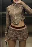 Brown Casual Solid Color Patchwork Straight Mid Waist Patchwork Bottoms