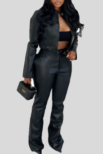 Black Casual Solid Color Zipper O Neck Long Sleeve Two Pieces
