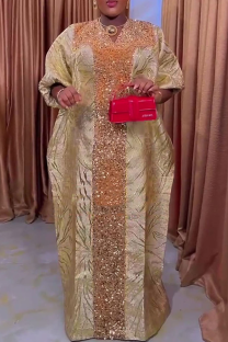 Champagne Casual Solid Color Sequins V Neck Long Dresses