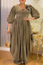 Champagne Elegant Solid Color Ruched V Neck Long Plus Size Dresses