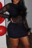 Black Sexy Solid Color Lace O Neck Wrapped Skirt Dresses