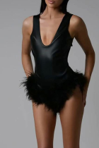 Black Sexy Solid Color Patchwork Spaghetti Strap Skinny Jumpsuits