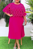 Rose Red Elegant Solid Color Pleated O Neck Long Plus Size Dresses