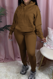 Coffee Casual Solid Color Pocket Hooded Long Sleeve Two Pieces