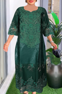Green Casual Solid Color Hot Drill O Neck Long Plus Size Dresses