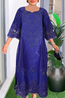 Blue Casual Solid Color Hot Drill O Neck Long Plus Size Dresses