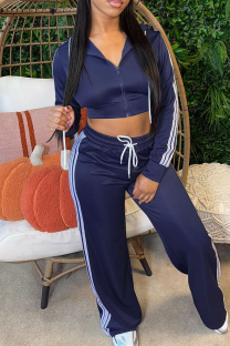 Blue Casual Stripe Contrast Hooded Long Sleeve Two Pieces