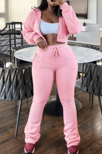 Pink Casual Solid Color Draw String Hooded Long Sleeve Two Pieces