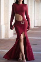 Burgundy Sexy Solid Color Hollow Out High Slit O Neck Evening Dresses